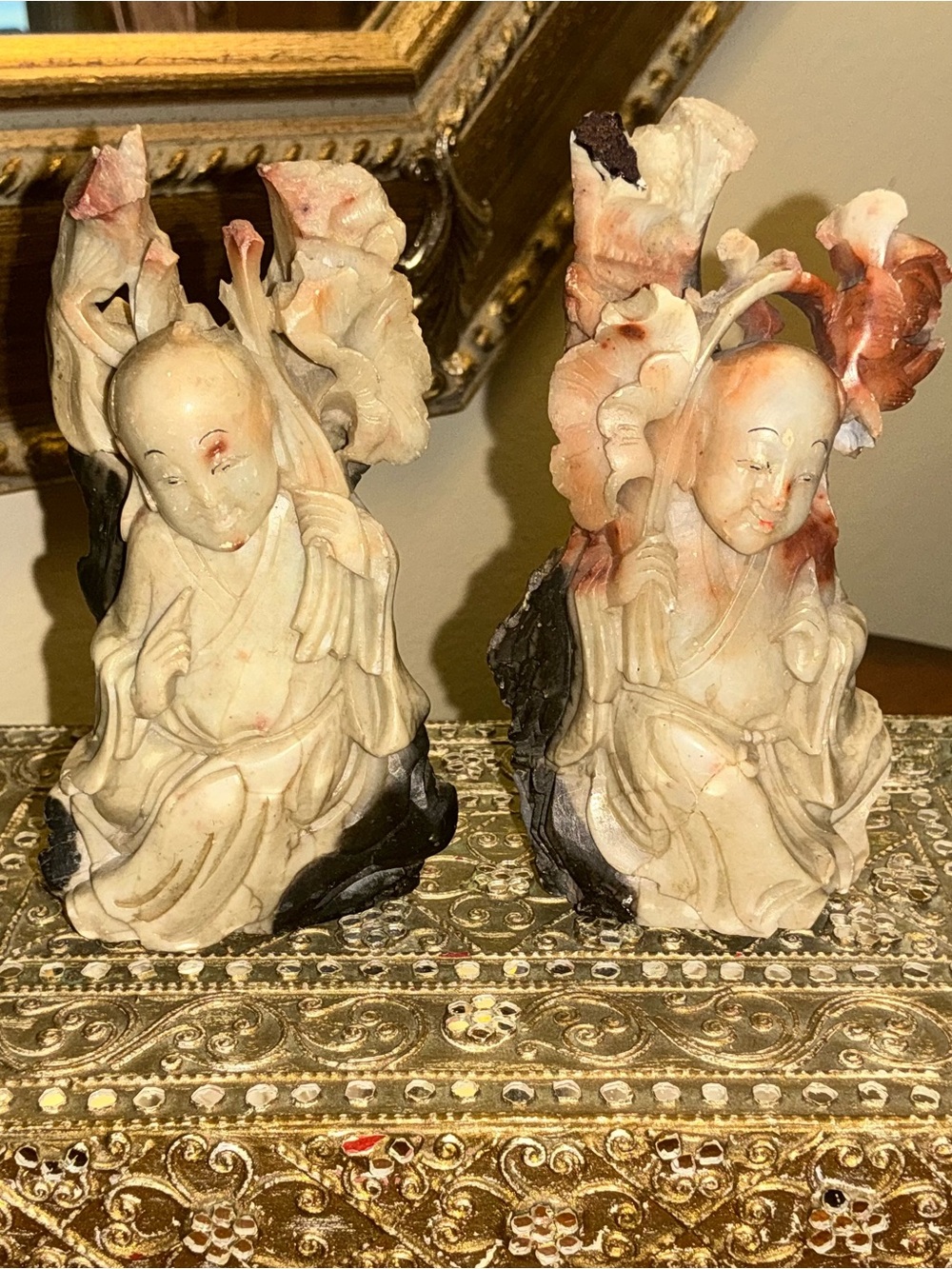 Vintage Chinese Carved Soapstone Pair “Immortal Monks Figurines” (set of 2) 4.5”